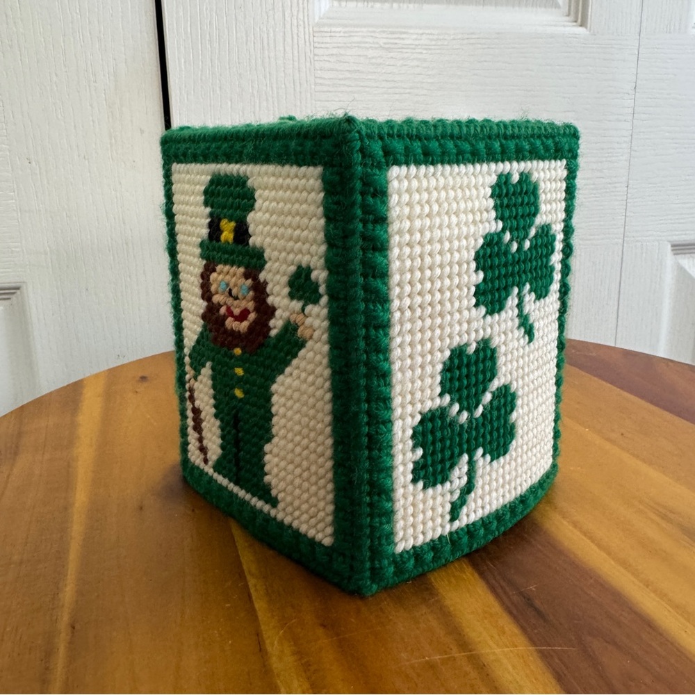 Handmade cross stitch St‎ Patrick’s Day tissue box cover